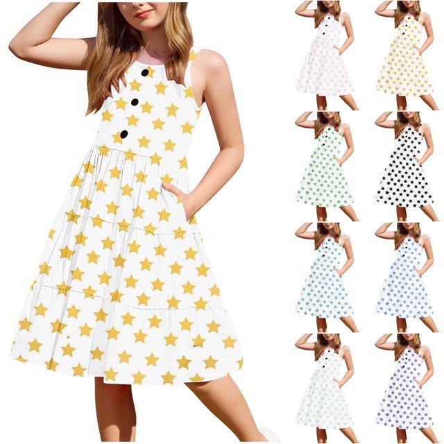 JDQJBZ Kids Toddler Girls Dress Sleeveless Button Front Layered Ruffle Hem with Pockets Sundress