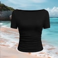 thumbnail image 4 of hoksml Women's Ribbed Boat Neck Elbow Sleeve Top, Side Ruched Slim Fit Crop Shirt for Summer Casual Wear, 4 of 5