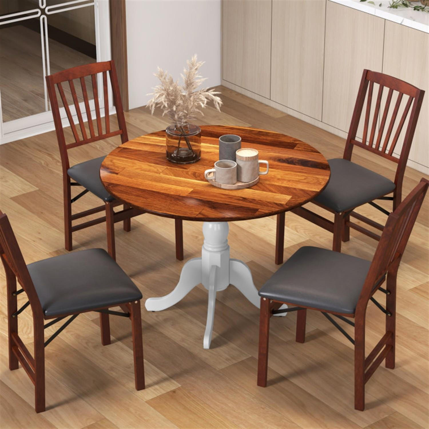 Demi Bonn Wooden Dining Table with Round Tabletop and Curved Trestle Legs, Modern Kitchen Table Furniture for Dining Room, Dinette, Brown+White