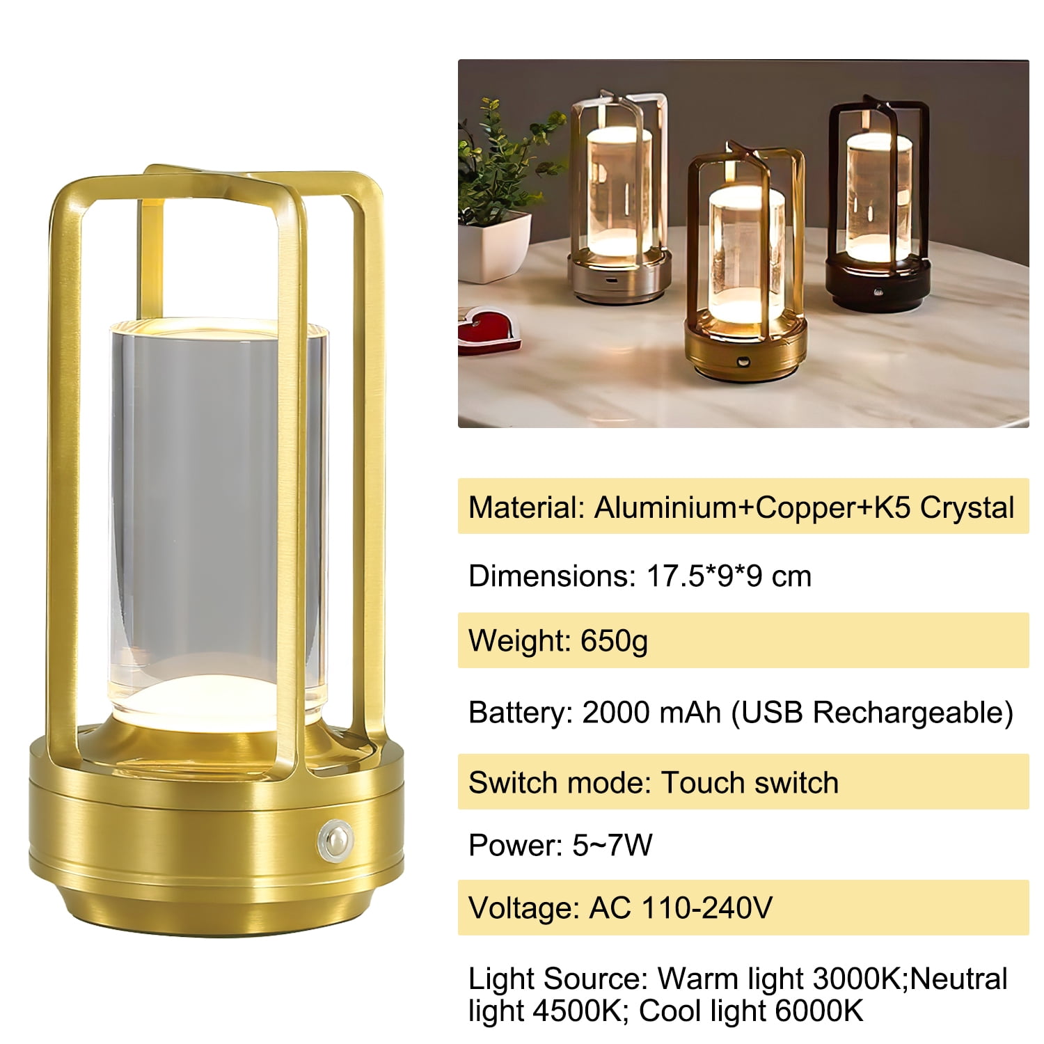 Ikristin Atmosphere Lantern Portable LED Night Candle lamp, Three Lights Metal Table Lamp, Touch Switch Cordless Rechargeable Washroom, Bedroom, Camping