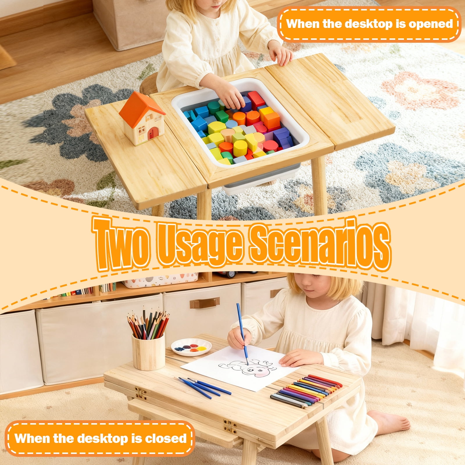 Blingluck Wooden Sensory Table with Flip-Adjustable Desktop, Storage Bins, for Toddlers 1-3
