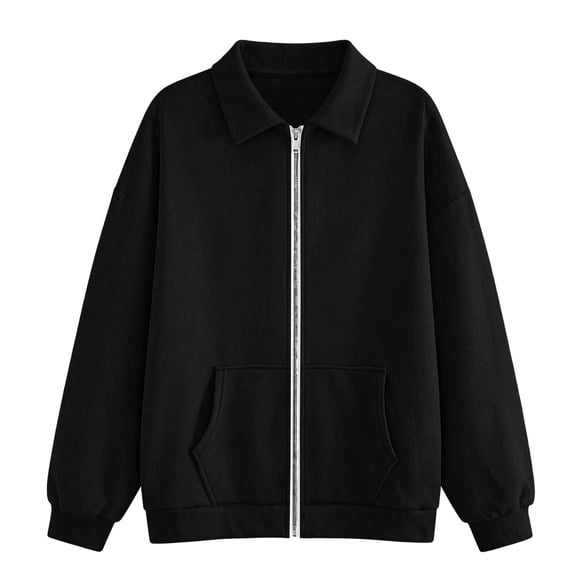 Women's Oversized Full Zip Up Sweatshirt Jacket Collared No Hood Long Sleeve Drop Shoulder Solid Color Cozy Lightweight Casual Y2K Outwear with Pockets for Fall Winter Spring Black L
