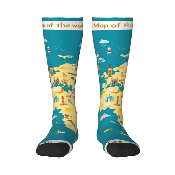 Gaeub World Map With Landmarks Print Design Socks Stretchy High Tube Socks for Men Women Teens , Softball Soccer Socks for Hiking, Sport