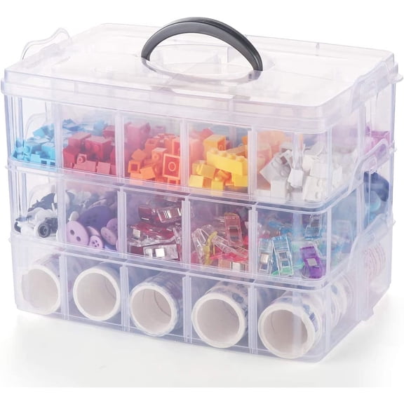 3-Layer Craft Storage Box, Large Clear Plastic Organizer Box with 30 Adjustable Compartments, Large Organizer for Craft, Embroidery Supplies, Threads, Kids Toys, Beauty Tools, Nail Polish & Jewelry
