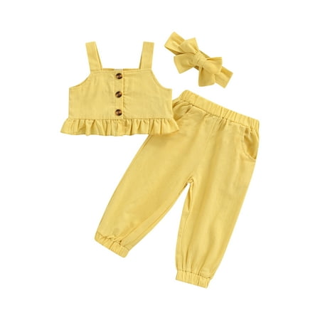 

Sunisery Kids Toddler Girls 3Pcs Clothes Suit Sleeveless Ruffled Sling Tops + Pockets Long Pants + Headband Yellow 2-3 Years
