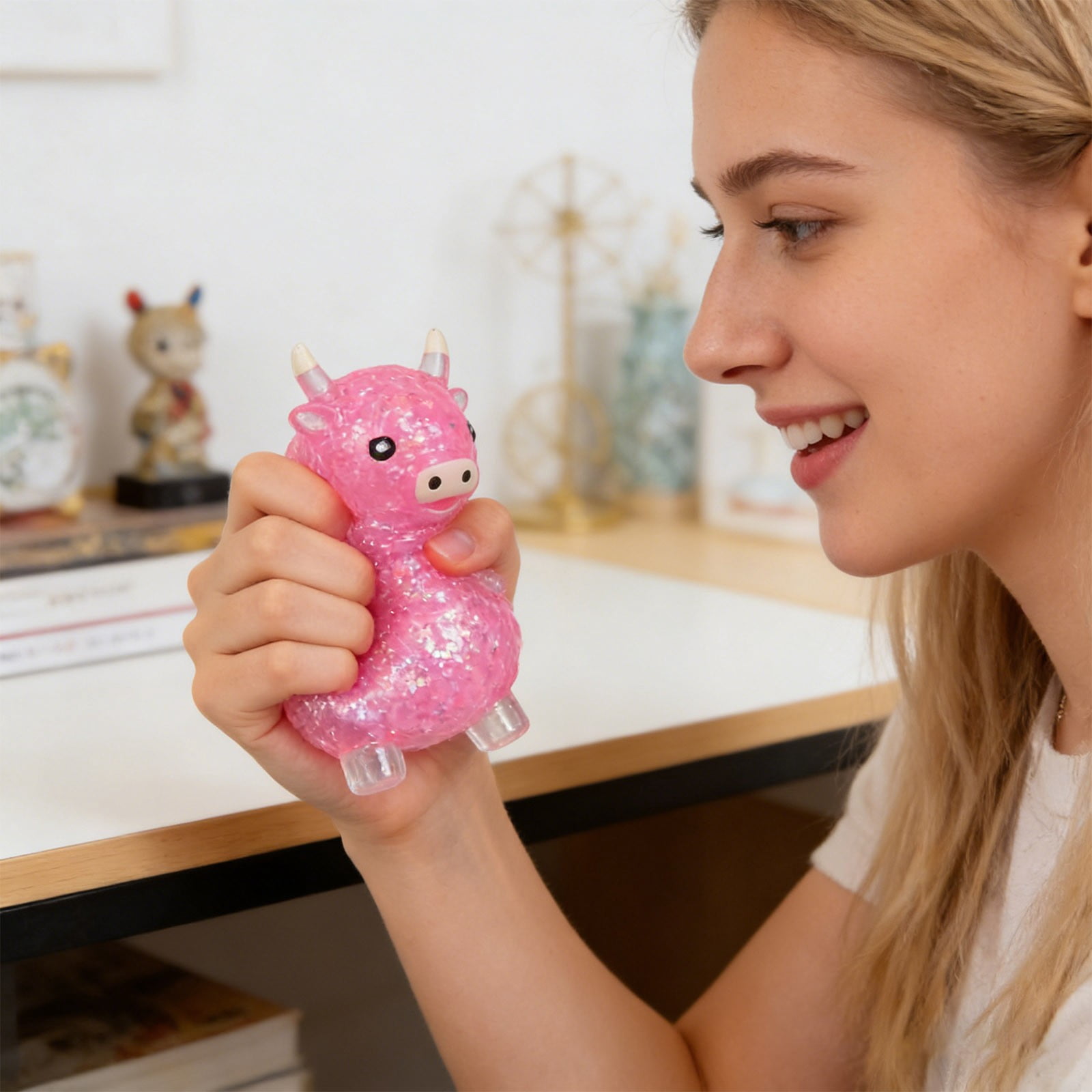 Glitter Stress Relief Hippo Squeeze, Cute Malt Sugar Filled Hippo Squeeze Sensory Fidget, for Adults Anxiety Relief Birthday Party Favors Gift Sugar Ball (Pink)