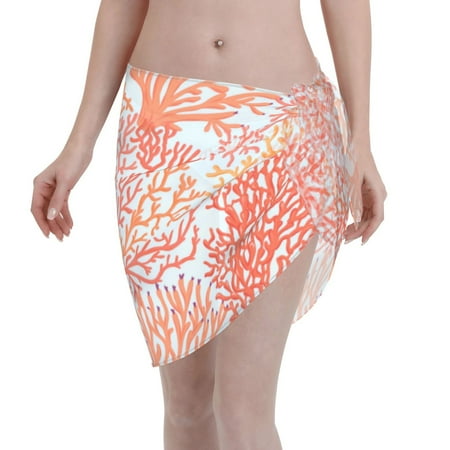 Qekee Corals Women s Short Sarongs Cover Ups Sheer Bikini Wraps for Swimwear