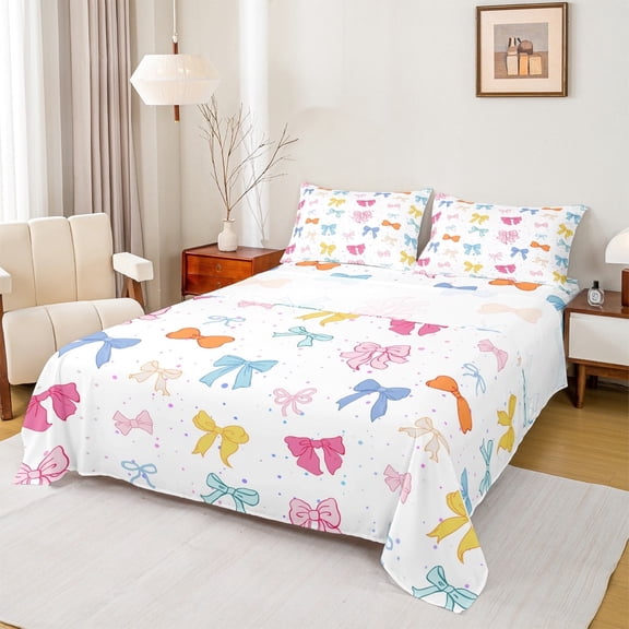 Manfei Cute Ribbon Bed Sheets Set Queen Size, Kawaii Princess Bowknot Bedding Queen Size, Polka Dots Queen Sheet Sets, Super Cozy Room Decor, 4 Pieces