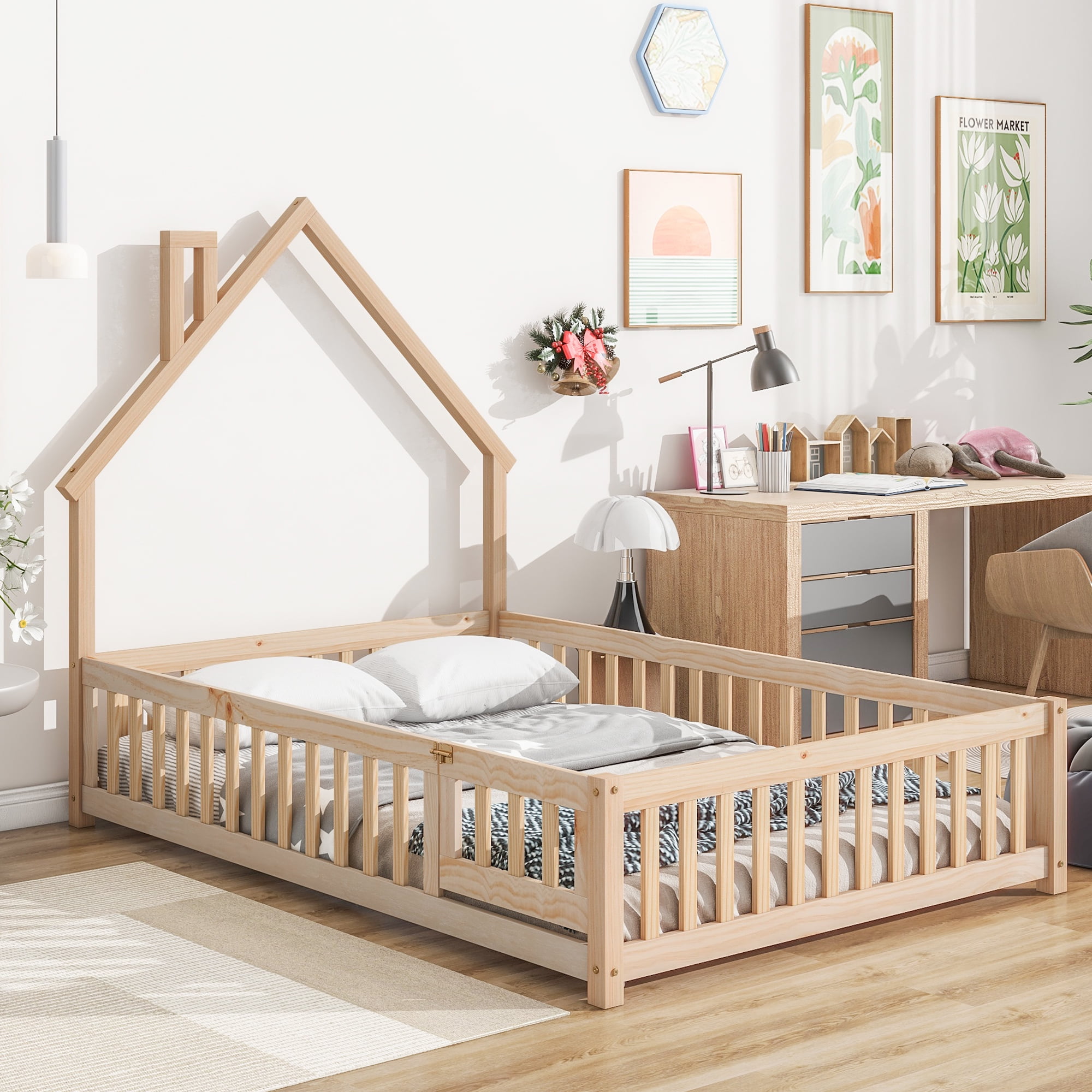 PORKISS Full Size House Platform Bed for Kids with House-Shaped Headboard, Low Floor Bed with Guardrails Fence, Natural