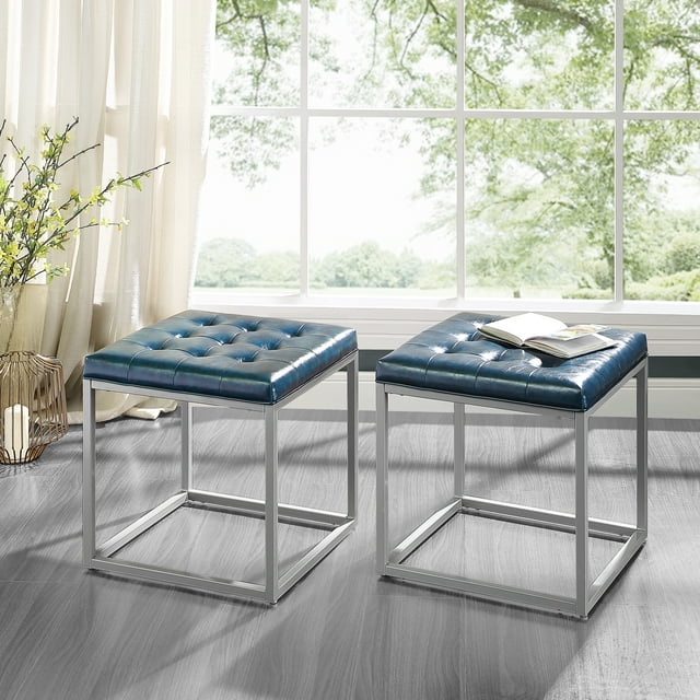 Inspired Home Simpson Cube Ottoman en Faux Cuir Cadre en Métal Capitonné Moderne, Bleu