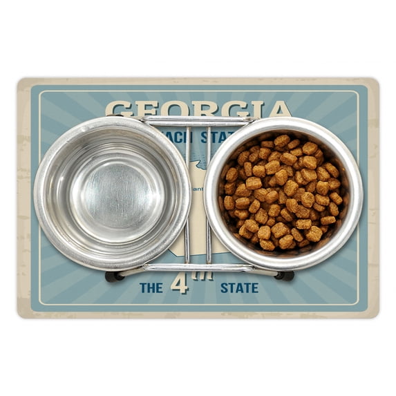 Georgia Pet Mat for Food and Water, Typographic Design of Map on a Sunburst, Non-Slip Rubber Mat for Dogs and Cats, 18" X 12", by Ambesonne