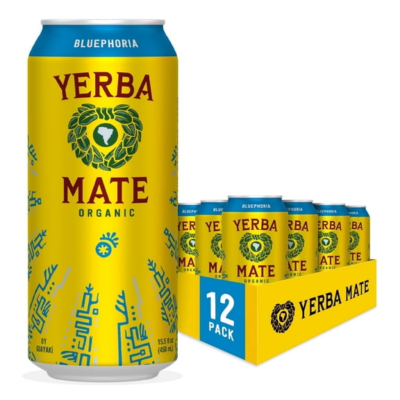 Guayakí Yerba Mate, Organic Energy Drink Alternative, Bluephoria, 150mg Natural Plant Based Caffeine, Better for You Energy & Focus, No Jitters or Crash, 15.5 Oz (Pack of 12)