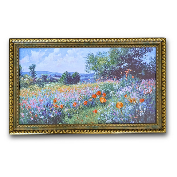 TAKORO Framed Floral Landscape Wall Art, 27"x16.5" Hand-Painted Texture Canvas with Vintage Gold Frame, Serene Meadow Decor for Living Room, Bedroom