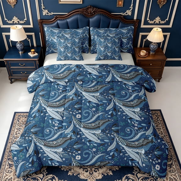 Erosebridal Blue Paisley 7-Piece Twin Bedding,Nature Art Bedding Comforter Set,Light Gray Reversible