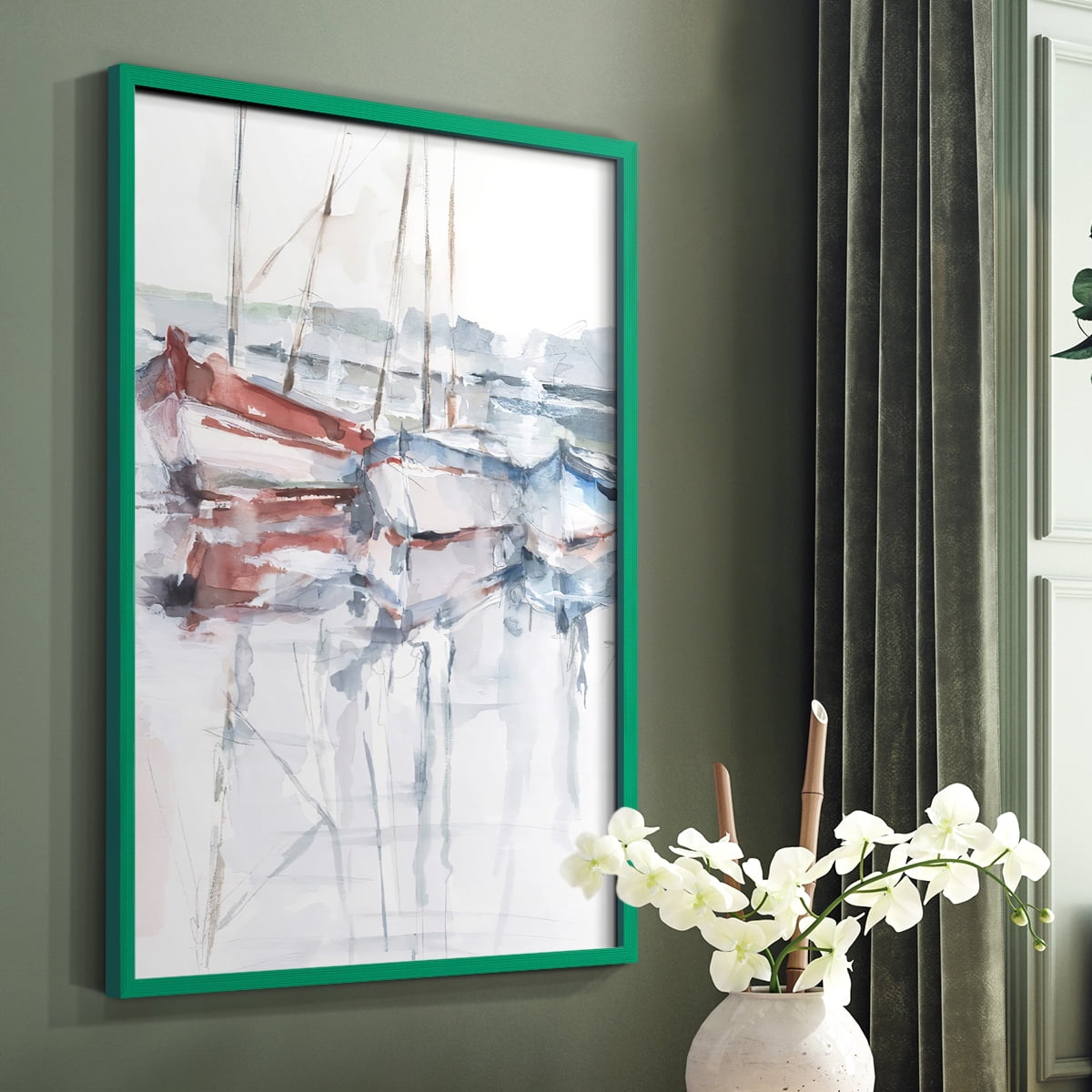 Watercolor Harbor Study II Framed Print in Green Solid Wood 11 x 14 Framed Print
