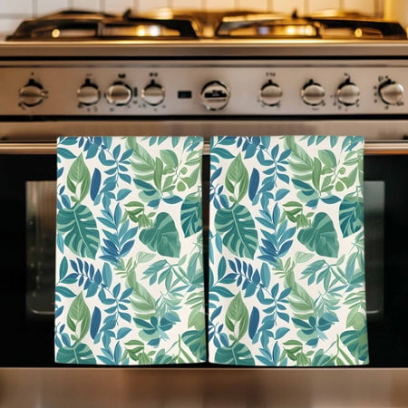 Palm Leaves Kitchen Towels Set of 3 Green Blue Tropical Plants Summer Country Absorbent Dish Towels for Kitchen Microfiber Hand Towel Quick Drying Tea Towel for Cleaning Decorative Dishcloths