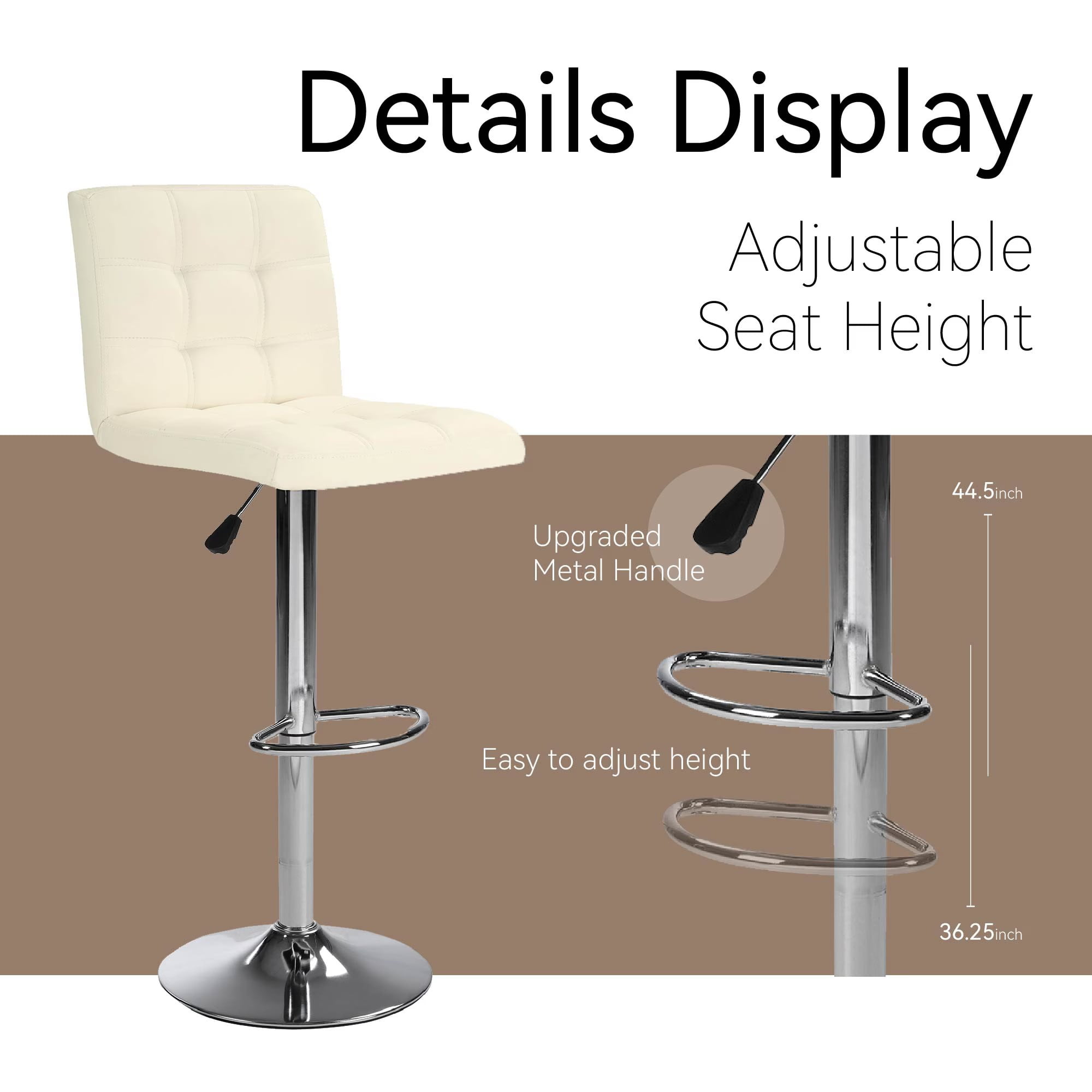 Aukfa Bar Stools Set of 2, Counter Height Adjustable PU Leather Swivel Bar Chairs with Back and Footrest for Kitchen and Dining Room, Beige