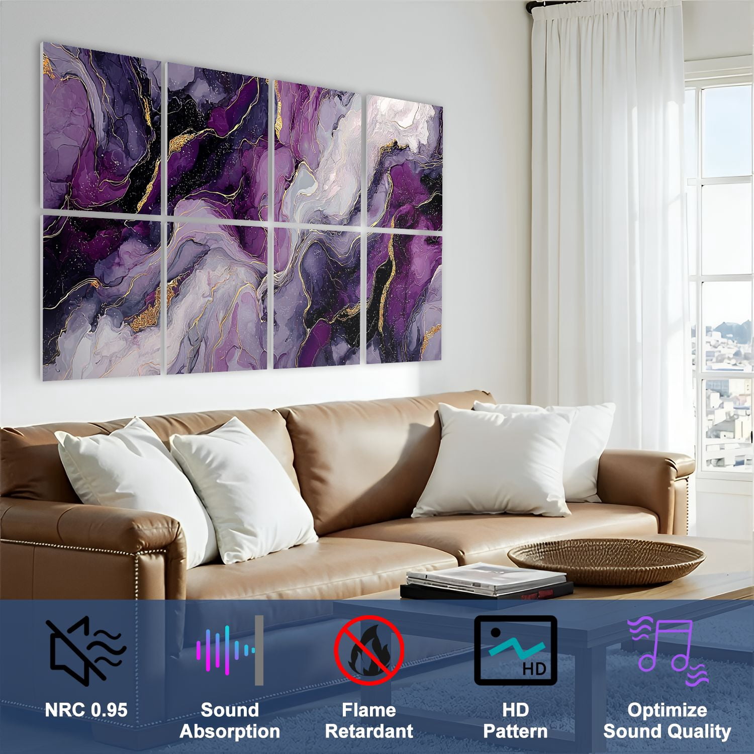 Marble 8 Pack Art Acoustic Panels Sound Absorbing amethyst color marble texture purple marble Decorative Soundproof Wall Panels Self Adhesive for Nursery Game Room Bedroom 48"x32"