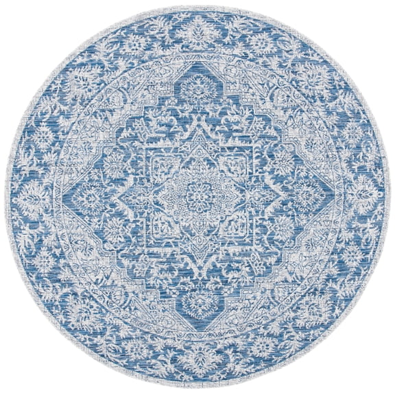 SAFAVIEH Courtyard Joey Medallion Indoor/Outdoor Area Rug, Light Grey/Navy, 6'7" x 6'7" Round