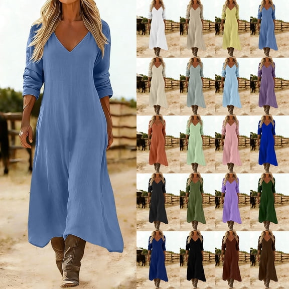 Dresses for Women Women's Summer V Neck Dress Women's V-Neck Solid-Color Casual Long-Sleeved Short Dress Black L
