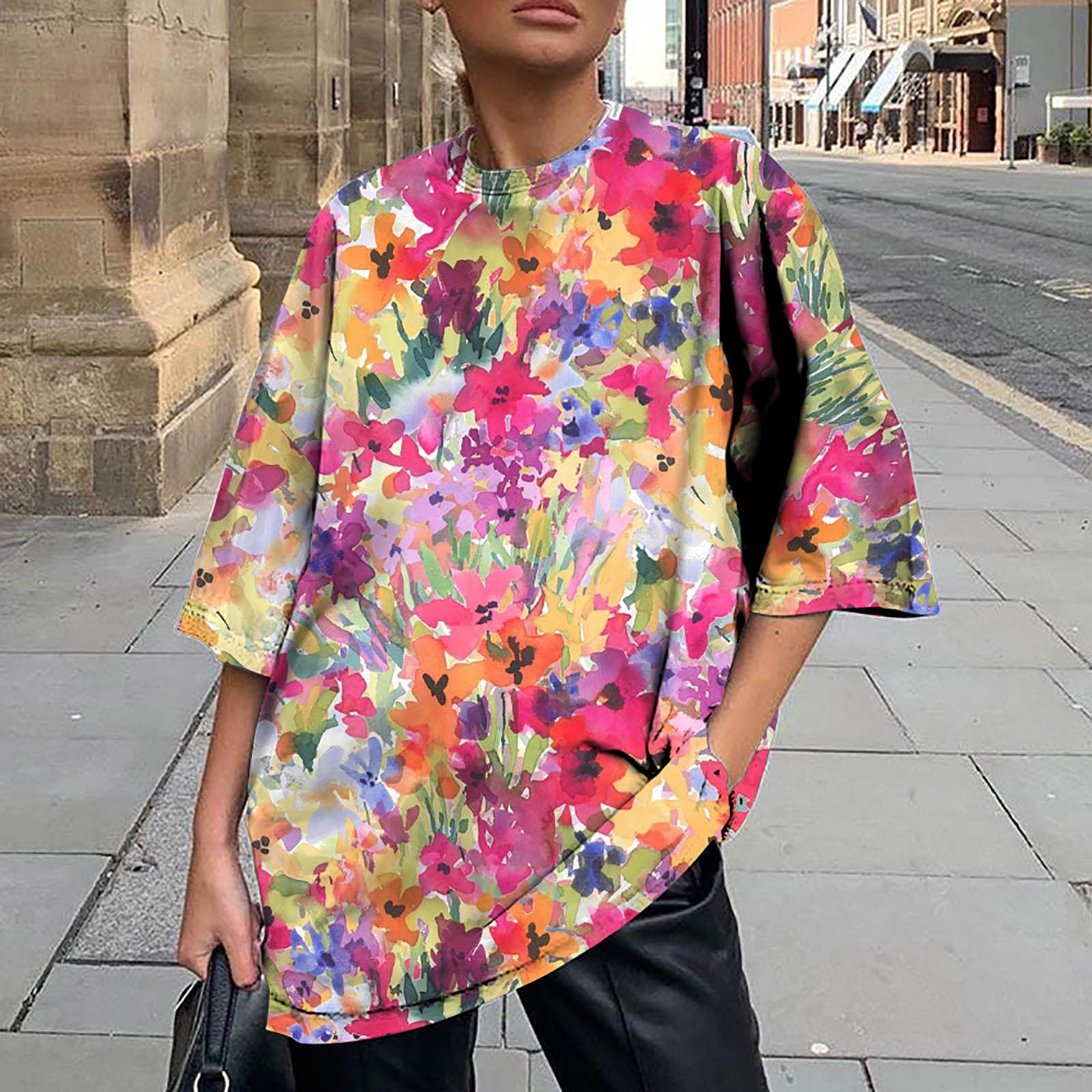 HTNBO Oversized Graphic Tees for Women Summer Casual 3/4 Bell Sleeve