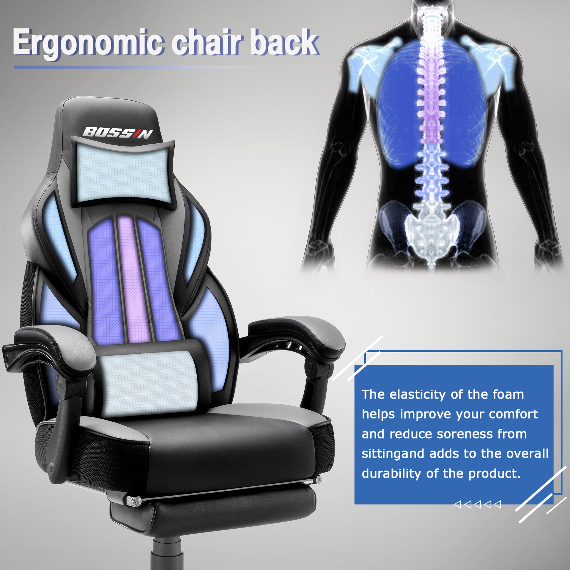 Bossin Gaming Chair with Massage, Footrest, and Lumbar Support photo 4