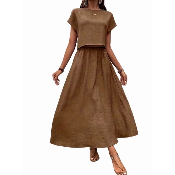 Women 2 Piece Outfits Skirt Set Summer Casual Cap Sleeve Crop Tops Maxi Dress Sets with Pockets Dark Brown XXL