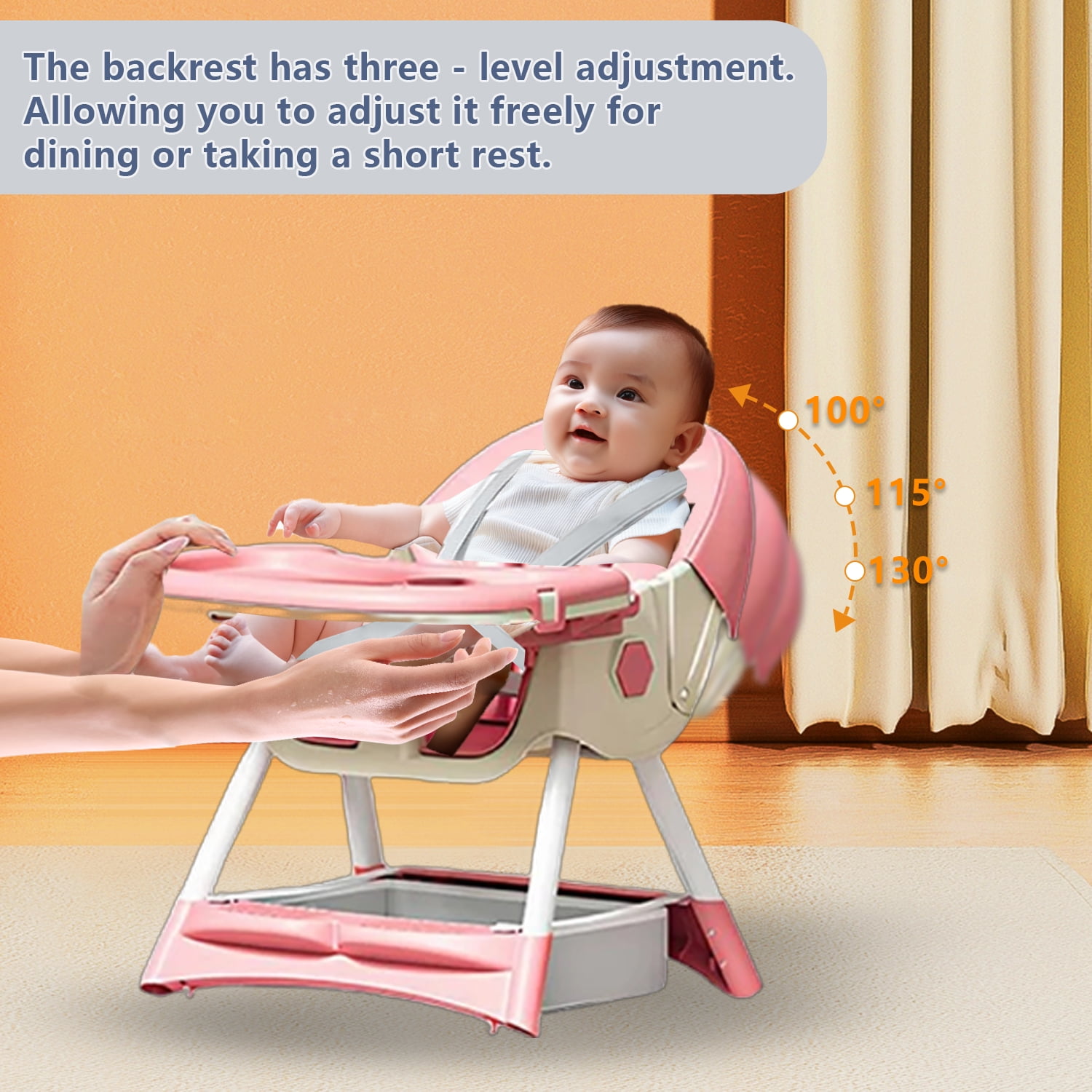 HDUTNGISN 4-in-1 Baby High Chair,Foldable Highchair Dining Feeding Chair with 5-Point Harness Double Dining Plate & Toy Rack,Infant to Toddler,Pink