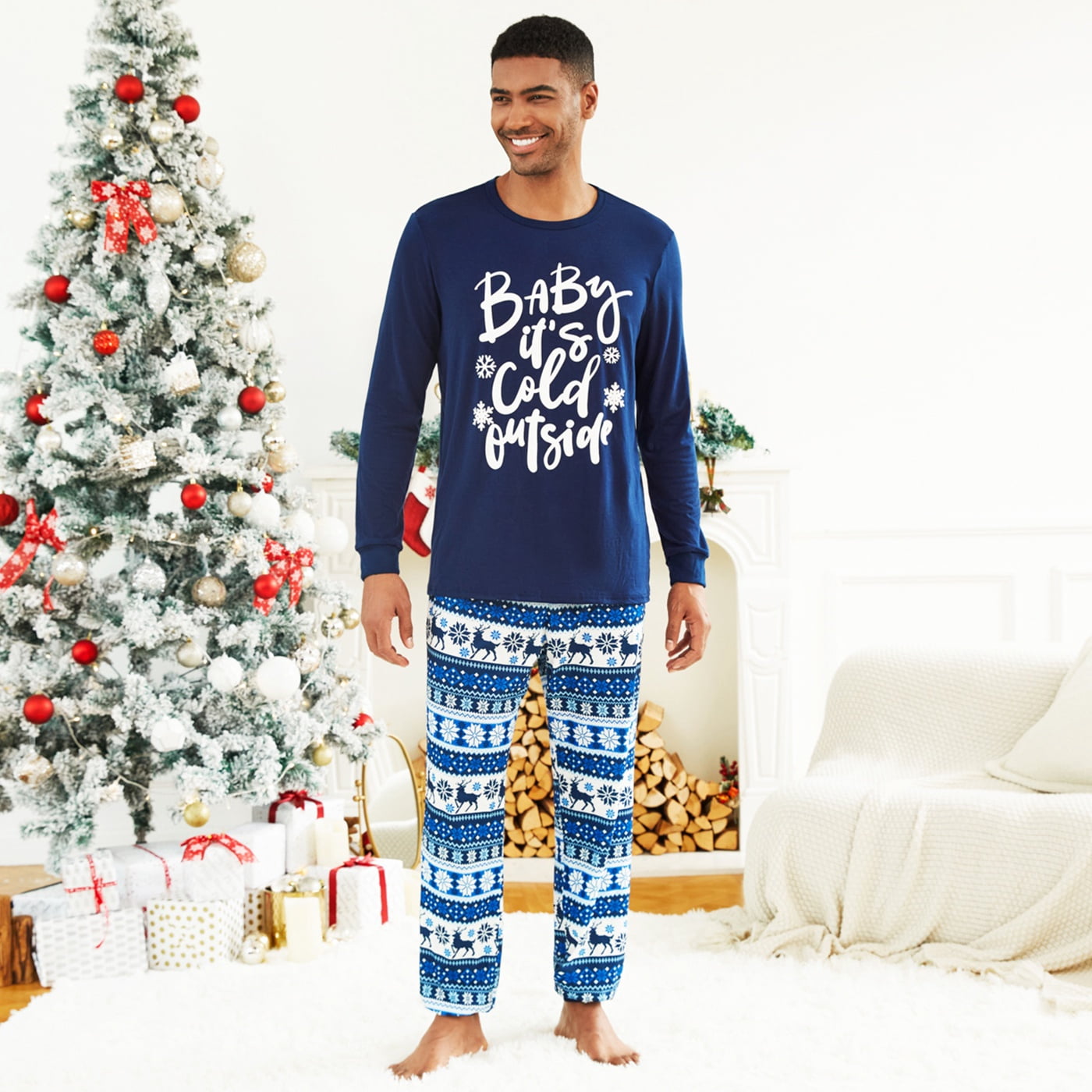 PatPat Mens Christmas Pajamas 2 Piece Long Sleeve Top and Pants Set Family Christmas Pajamas Matching PJs for Couples with Socks Men M