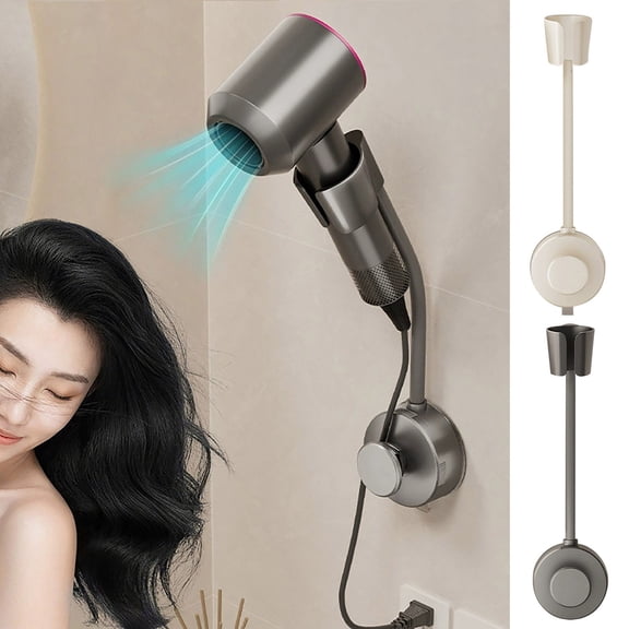 Hands Free Hair Dryer Holder Wall Mounted with Suction Cup, No Drill Installation for Damage-Free Walls, Adjustable Blow Dryer Holder Fits Most Hair Dryers for Bathroom Organization1 Pack