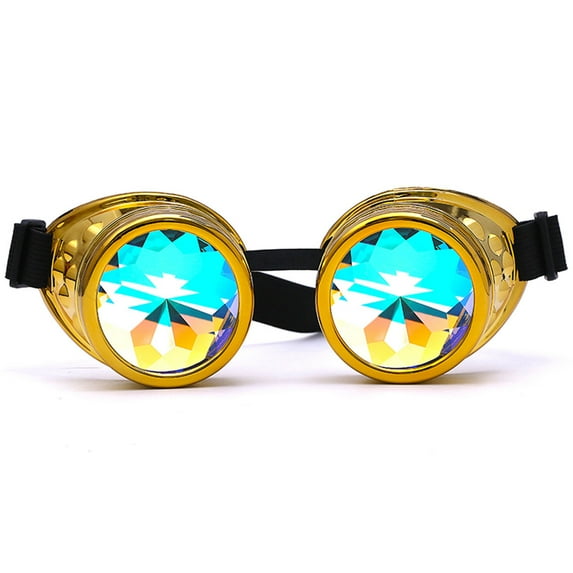 LELINTA Fation Rainbow Steampunk Goggles Rivet Laser Kaleidoscope Glasses Role Playing Round Glass Crystal Lens Silver Black Pink