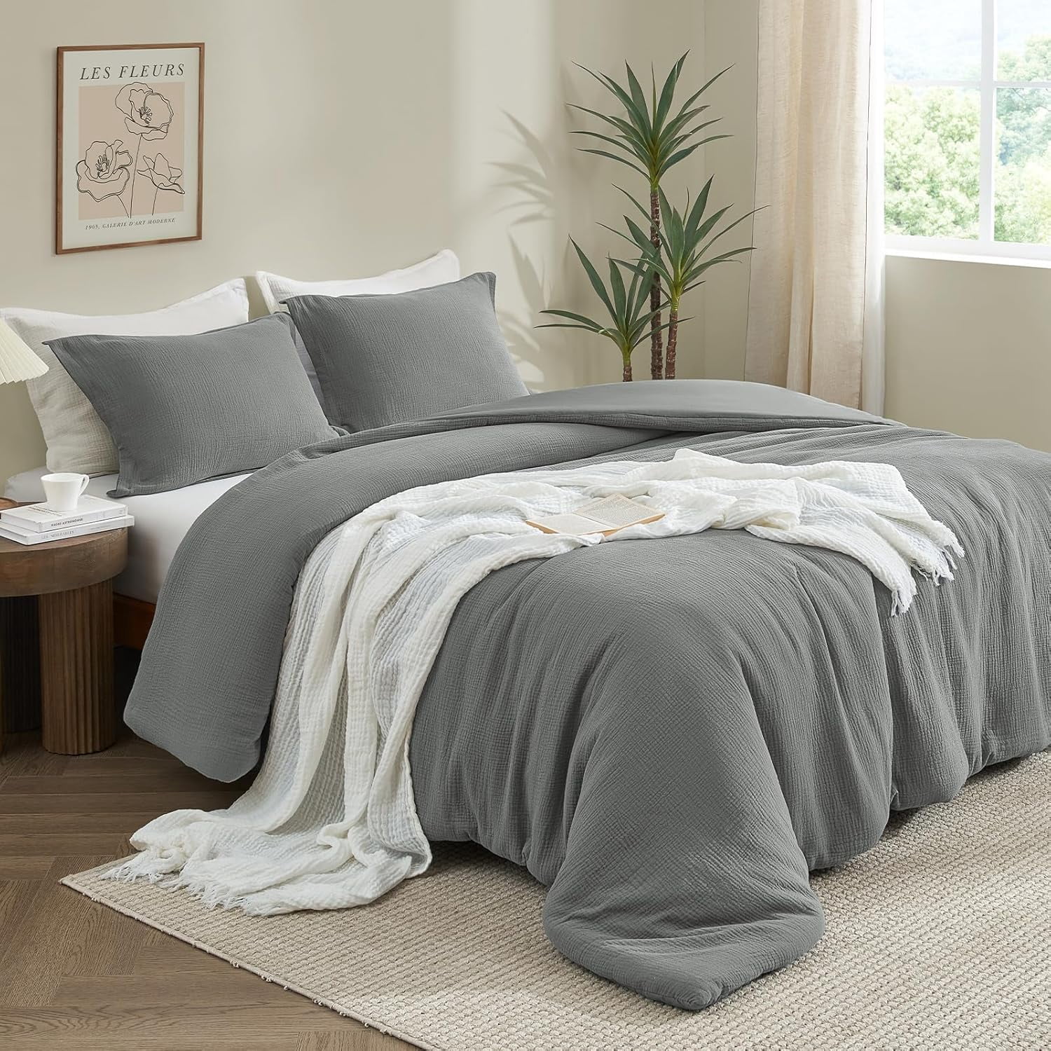 PHF Cotton Muslin Comforter Set King Size, Ultra Soft, Breathable & Lightweight Bedding Set for All Seasons, 1 Comfy Comforter 104"x90", 2 Pillow Shams 20"x36", Grey