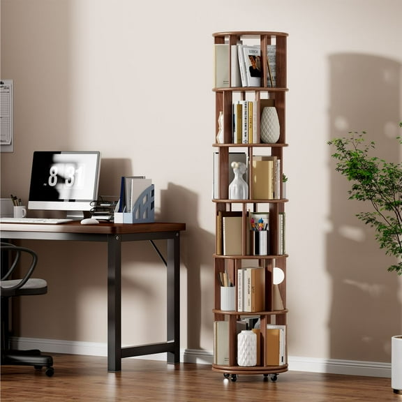WGYPRIME 6 Tier Solid Wood Rotating Bookshelf, Narrow Revolving Bookcase with Wheels,  360° Spinning Book Shelf Tower for Small Space, Corner, Bedroom, Office