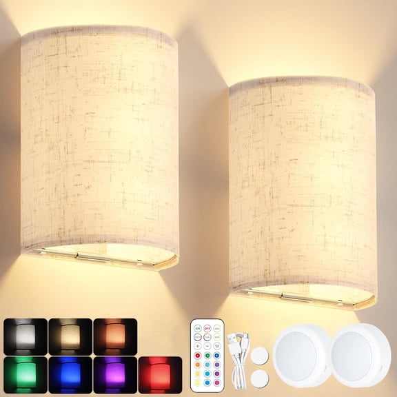 Battery Operated Wall Sconce, Rechargeable Wireless Wall Sconces Set of Two, Magnetic Wall Lamp with Remote RGB Colors for Bedroom Living Room Hallway, Fabric Linen Shade