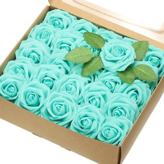 Uxcell 50 Pcs Fake Roses with Stems 3.15 inch Foam Roses Artificial Flowers for DIY Craft Turquoise