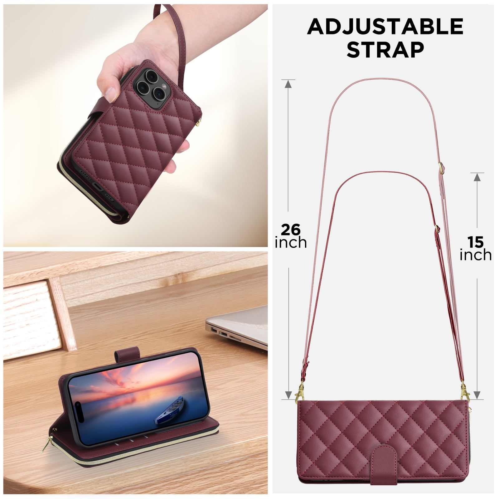 for iPhone 13 Pro Wallet Case, Multi-Functional Zipper Purse Case, with Flip Stand Card Holder PU Leather Phone Cover with Lanyard & Wrist Strap for iPhone 13 Pro, Winered
