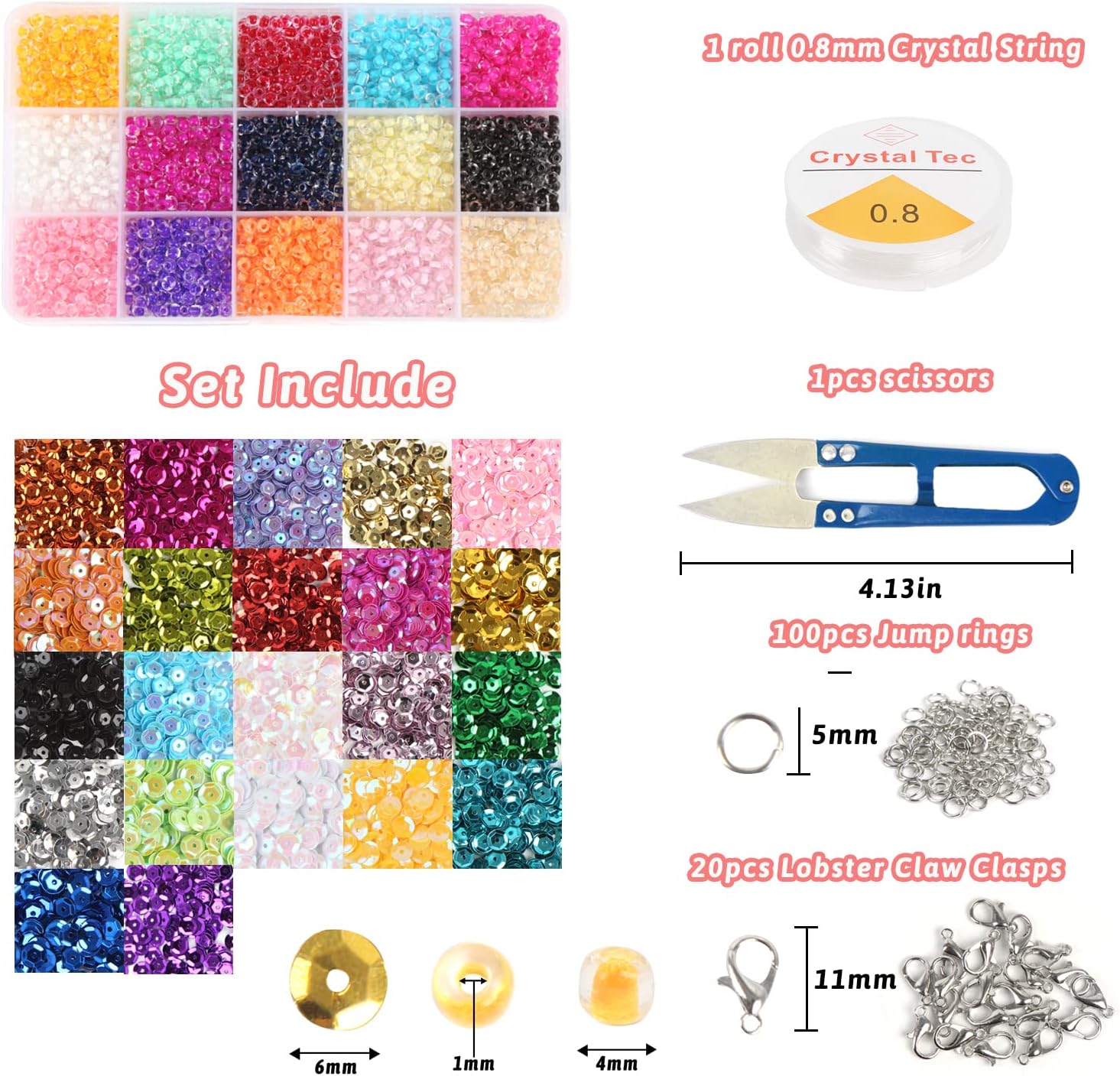 10322 Pcs Glass Seed Beads and Loose Sequins Kit, 4mm Small Craft Beads 6mm Tiny Spangles Kit with Bracelet String Scissors for Embroidery Applique Arts Handmade Crafts and Embellishment