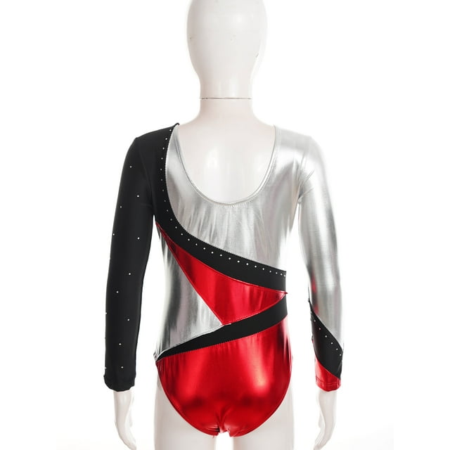 renvena Gymnastics Leotards for Girls Shiny Rhinestones Ballet Dance Jumpsuit Long Sleeve Tank Unitard Bodysuit Red 10