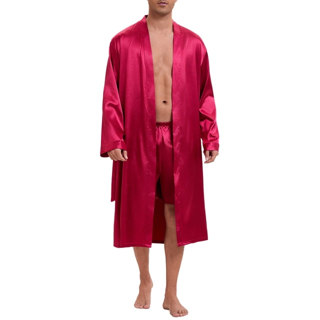Bata de satén INSPIRE CHIC para hombres, pijama de manga larga, kimono, bata de ba?o, conjunto de ropa de dormir con pantalones cortos, color rojo