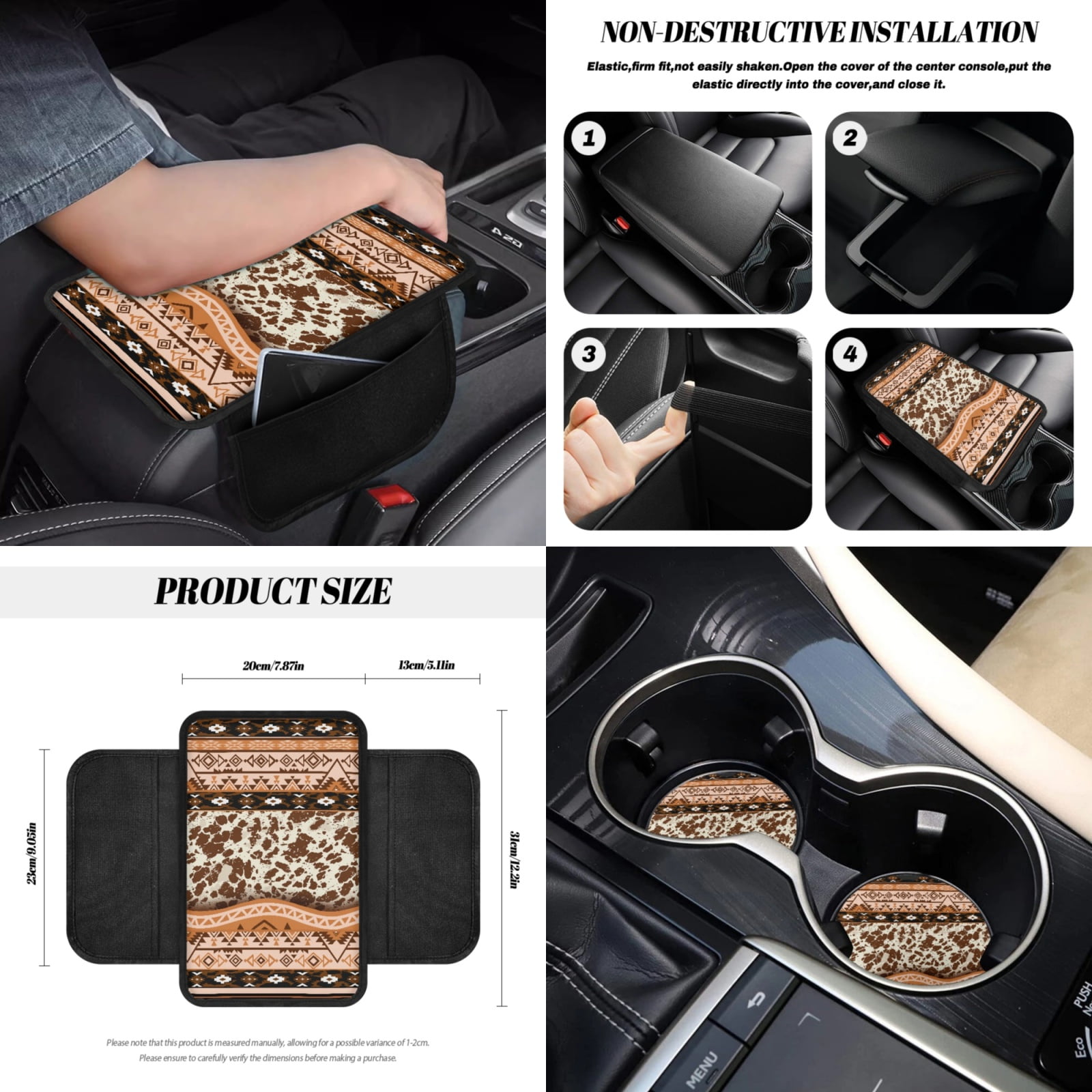 Renewold American Tribal Cow Print 12 PCS Front Car Seat Cover Set with Steering Wheel Seat Belt Armrest Rear View Mirror Cover Trash Can Coaster Keychain Air Vent Pouch Auto Decor Universal Fit