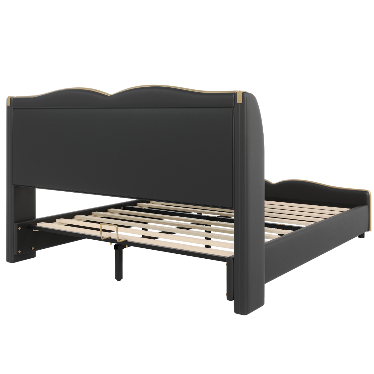 [Luckynote]Queen Size Leather Upholstered Bed Frame, Modern Bed Frame with Wingback Head board, Upholstered Platform Bed with Wavy Footboard, No Spring Box Needed, Black