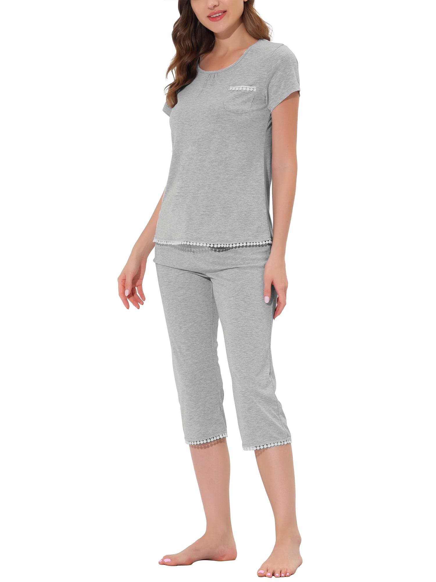 Unique Bargains Women's Lounge Pajama Round Neck Capri Nightwear Casual Sleepwear Sets