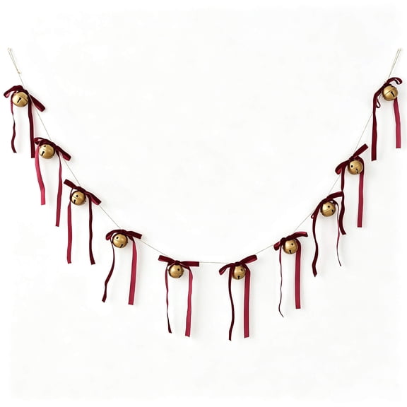 Christmas Bells Garland with Velvet Bow Ribbon Vintage Hanging Bunting for Fireplace Mantel Wall and Holiday Decor