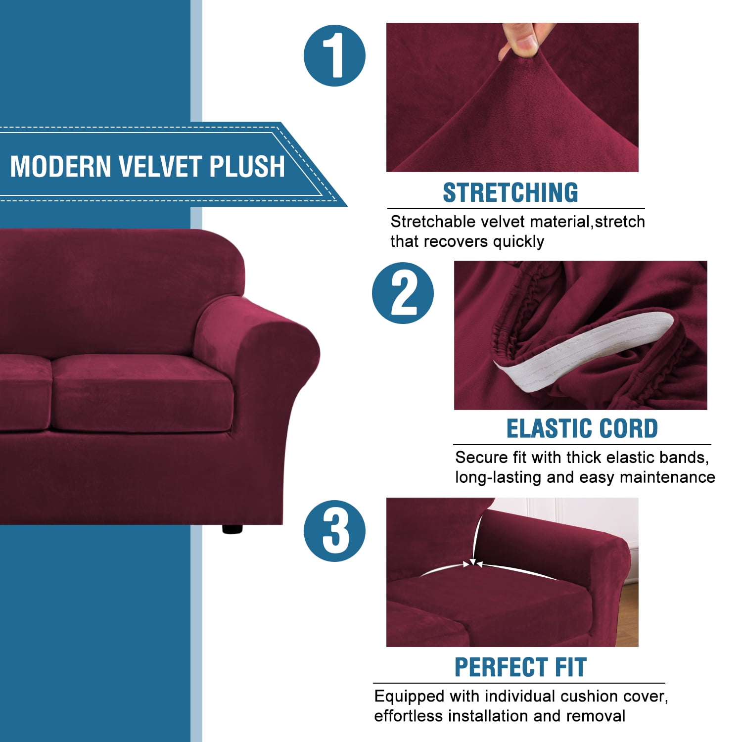 Stretch Velvet Plush Sofa Covers Couch Armhair Slipcover Protector with Cushion Covers, Burgundy, For 3-Seater Sofa