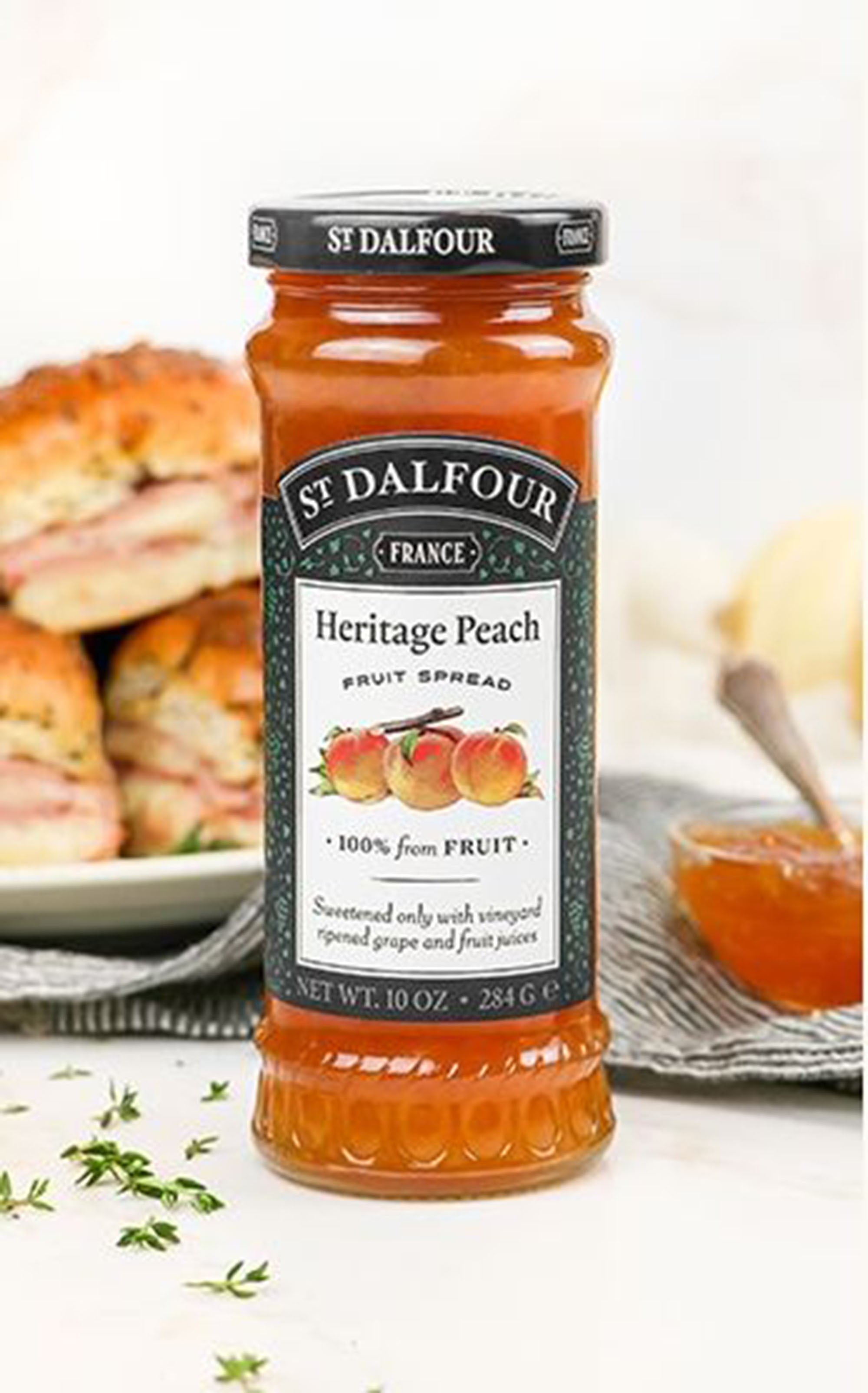St. Dalfour Heritage Peach Fruit Spread Preserve 2 X 10 Oz. (284 G) with Stainless Steel Spreader Spoon (3-Pc Set)