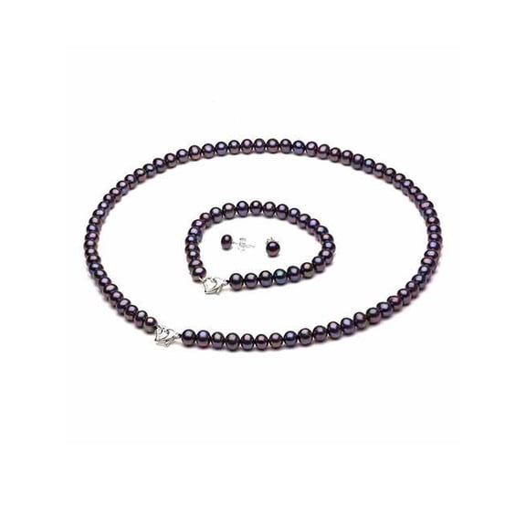ADDURN 5-6mm Black Freshwater Pearl Heart-Shape Sterling Silver Necklace (18"), Bracelet (7") Set with Bonus Pearl Stud Earrings