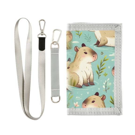 JIALIOU Nylon Trifold Card Wallet with ID Window Zipper Pocket for Men Women Teen Cute Capybara and Leaf