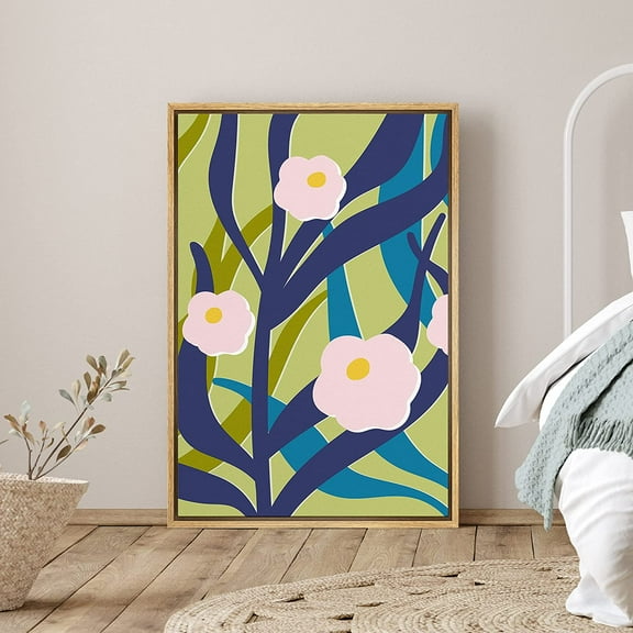 PixonSign Framed Canvas Print Wall Art Pink Daisies on Blue Leaves Nature Plants Illustrations Modern Art Contemporary Relax/Calm Multicolor Ultra for Living Room, Bedroom, Office - 24"x36" Natural