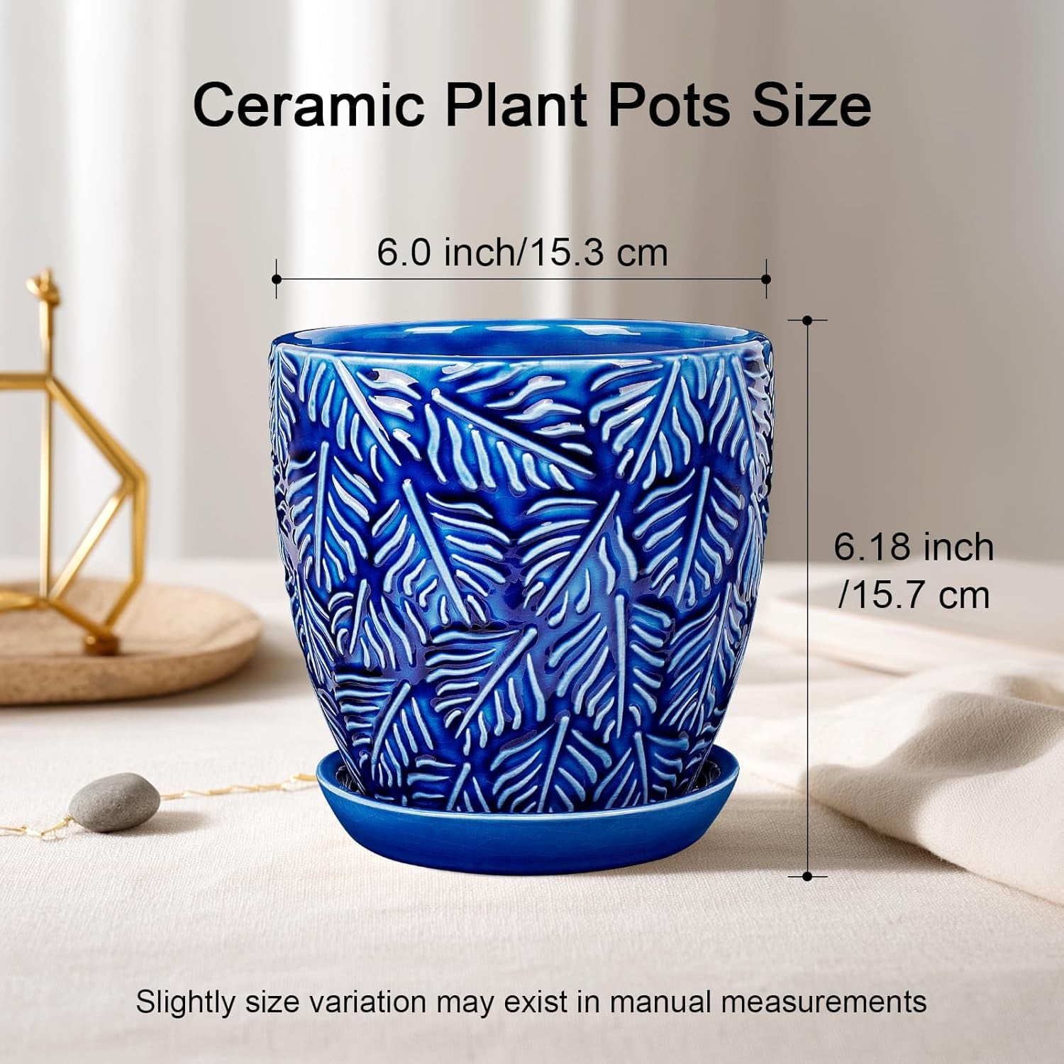 BUYMAX Ceramic Plant Pots, 6 inch Indoor Plant pots with Drainage Hole and Saucer, Flower Pots, Set of 2, Leaf Embossed - Blue Glaze