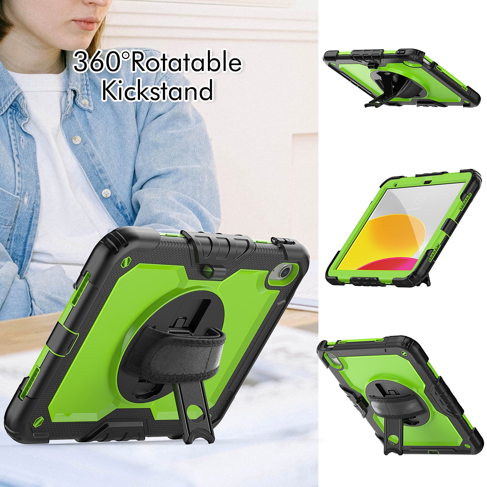Allytech Shockproof Case for Apple iPad 11th 10th Gen 10.9 " with Build In Screen Protector, Rugged Rotating Stand Shoulder Strap Pencil Holder Bumper Kids Case for Apple iPad 10.9" 2025 2022